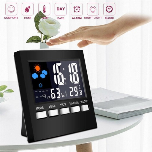 LCD Digital Display Thermometer Humidity Clock Colorful Alarm Calendar Weather