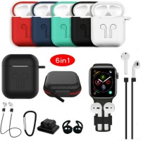 6 in 1 Apple AirPods case Silicone Protective Cover Carabiner Anti-lost Strap Storage Bag Holder Anti-dust Cap